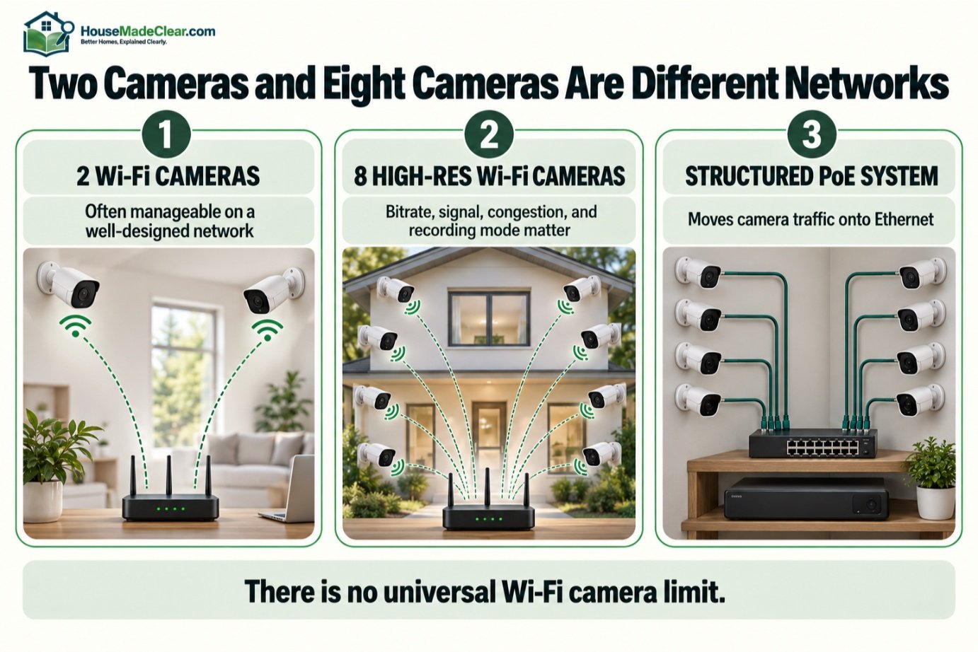 Network comparison of two Wi-Fi cameras, eight high-resolution Wi-Fi cameras and a structured PoE system