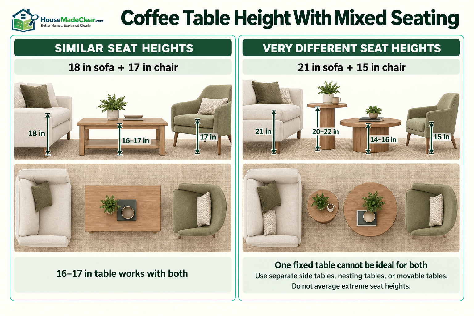 Coffee-table height planning for similar sofa and chair heights compared with seating at very different heights