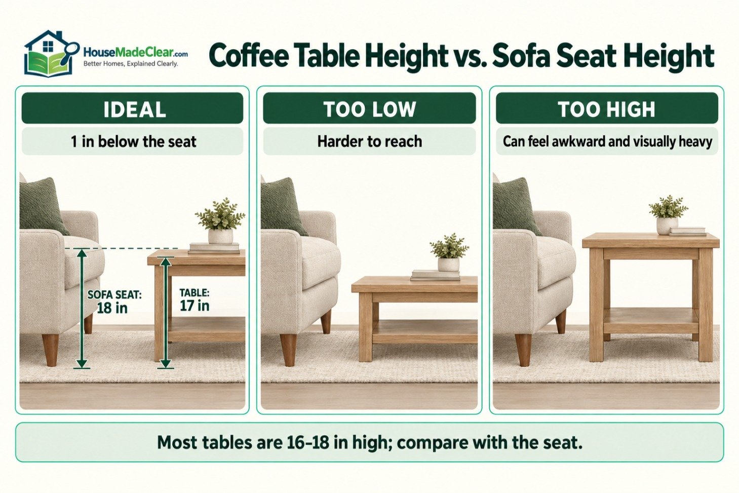Side-view comparison showing an ideal 17-inch coffee table one inch below an 18-inch sofa seat, plus tables that are too low or too high
