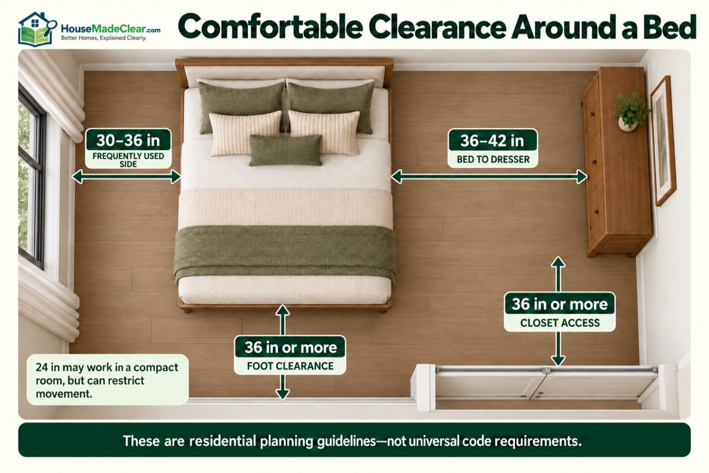 Bedroom plan showing side, foot, dresser and closet clearances around a queen bed