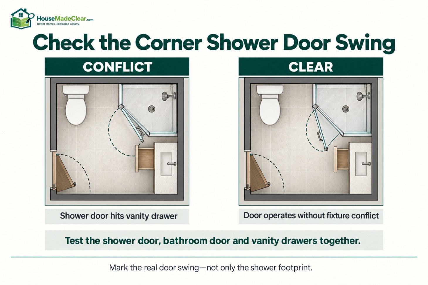 Corner shower door swing conflicting with a vanity drawer compared with a clear bathroom layout