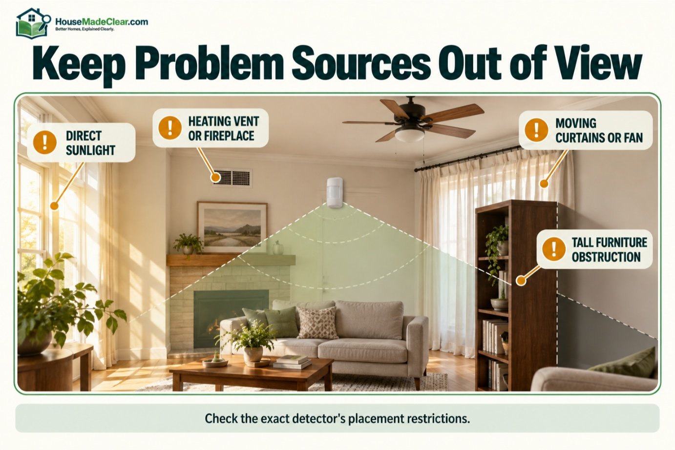Motion sensor placement concerns including sunlight, heating vents, moving curtains, fans and furniture obstructions