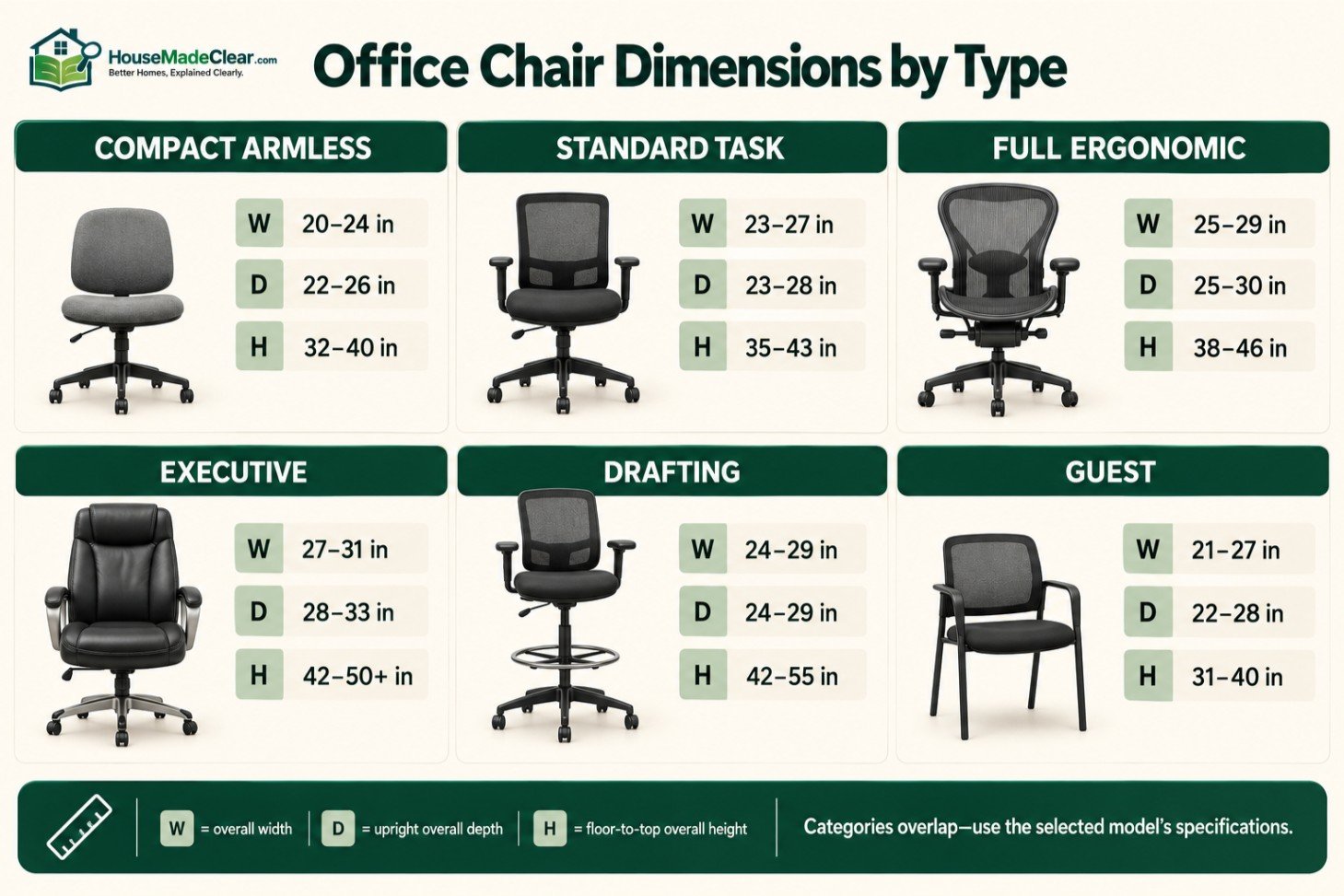 Size ranges for compact, task, ergonomic, executive, drafting and guest office chairs