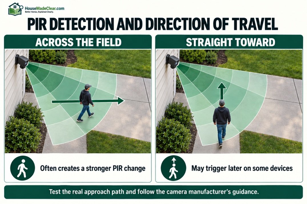 PIR camera response when a person moves across the detection field versus straight toward the camera