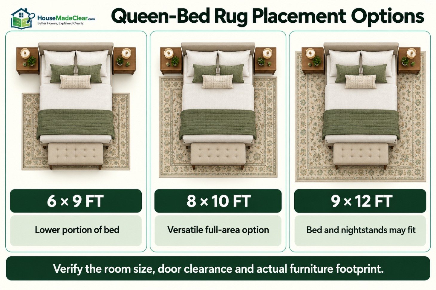Comparison of 6 × 9, 8 × 10 and 9 × 12 rugs under a queen bed