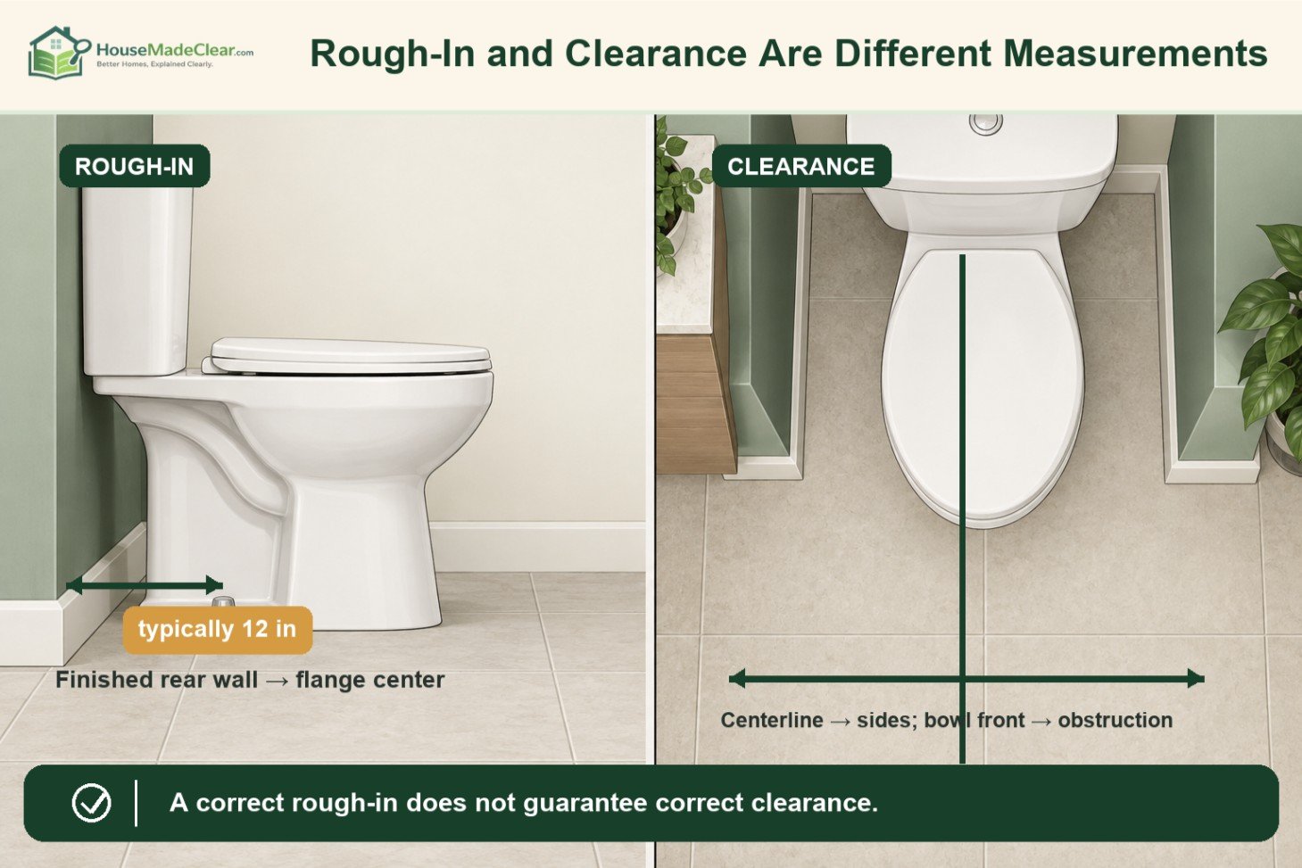 [Rough-In vs Clearance](/Users/deepakmishra/.codex/.chatgpt-projects/g-p-6a64fcbfd9ec819195eb6d246175ee1e/toilet-clearance-article-images/05-rough-in-vs-clearance.png)Diagram distinguishing a typical 12-inch toilet rough-in from side and front clearance measurements