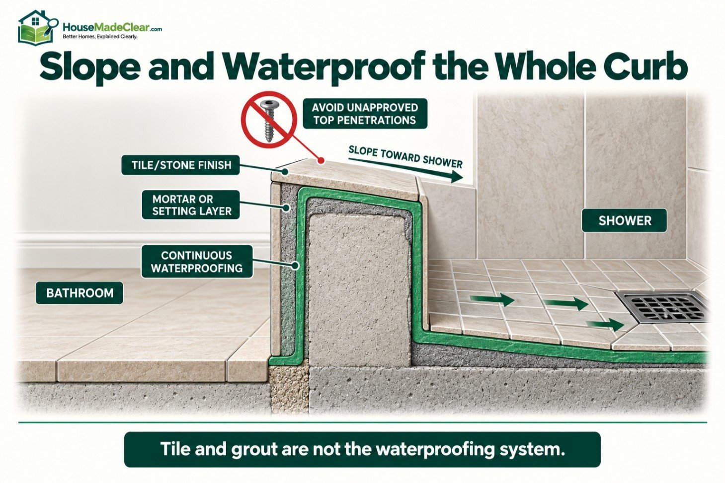 Shower-curb cutaway showing inward slope, continuous waterproofing and why unapproved top penetrations should be avoided