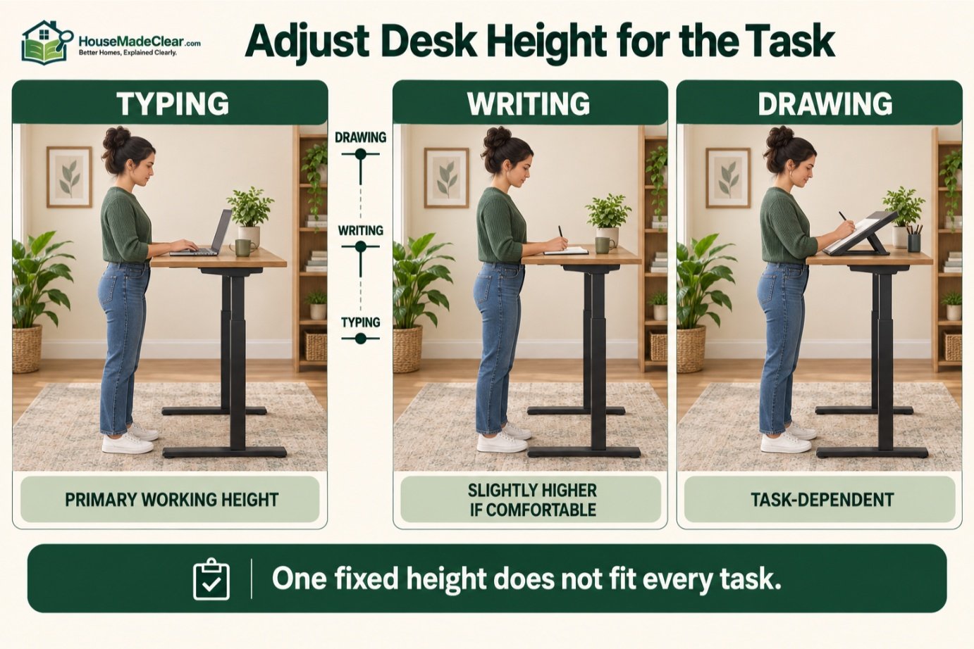 Standing-desk height adjustments for typing, writing and drawing tasks
