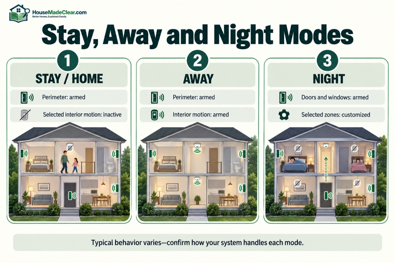 Typical differences between Stay, Away and customizable Night arming modes in a home security system