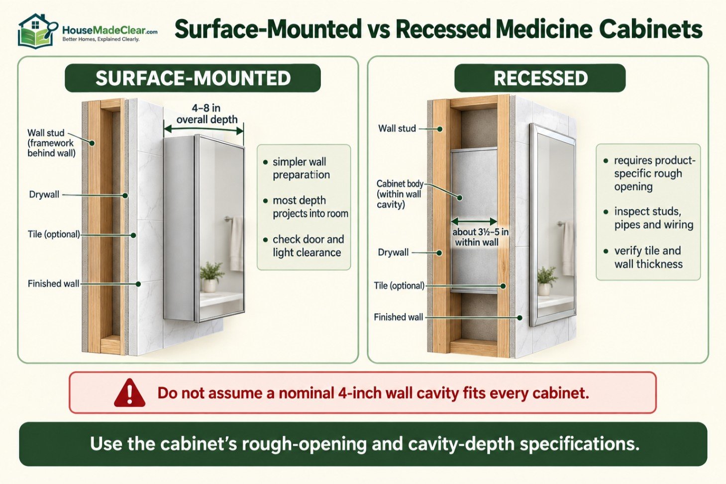 Wall cutaway comparing surface-mounted and recessed medicine cabinet depth and installation