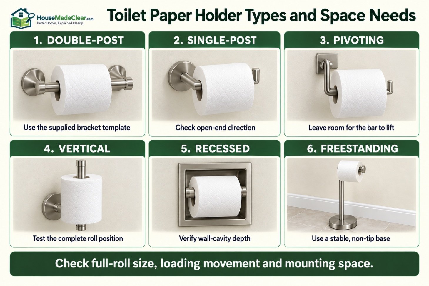Double-post, single-post, pivoting, vertical, recessed and freestanding toilet paper holders