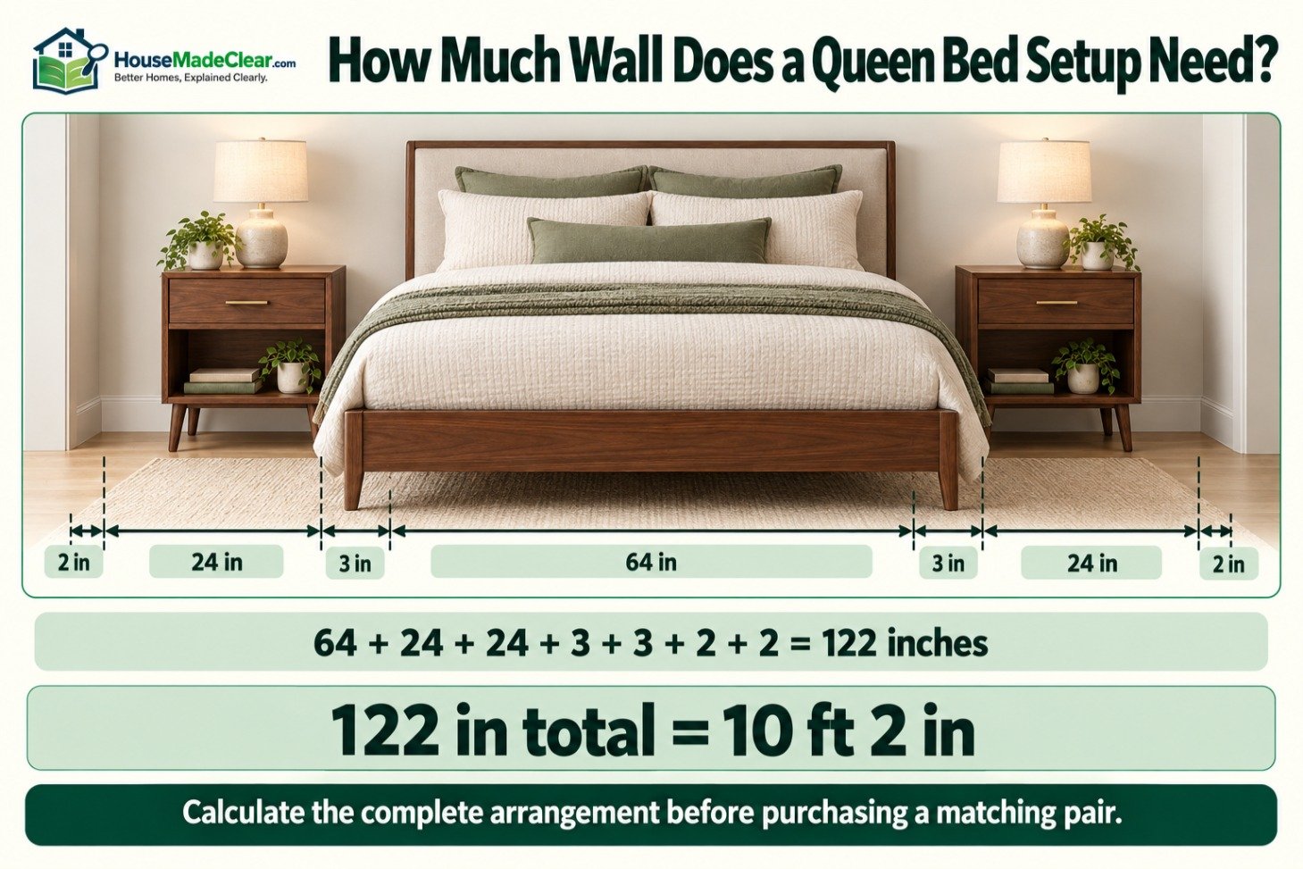 Queen-bed wall-width calculation with two 24-inch nightstands and required gaps