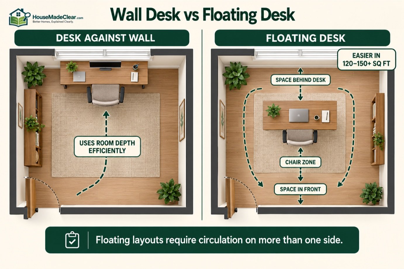 Floor-plan comparison of a space-efficient wall desk and a floating desk requiring circulation on multiple sides
