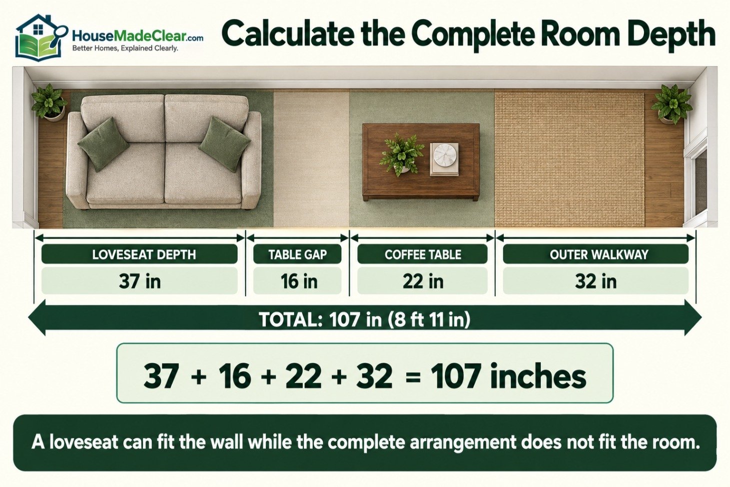 Room-depth plan adding a 37-inch loveseat, 16-inch table gap, 22-inch coffee table and 32-inch walkway