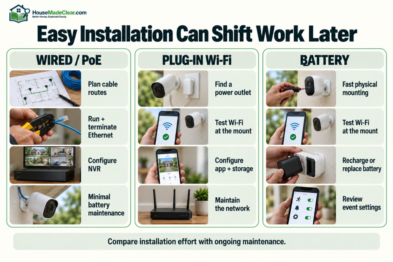 Installation and ongoing maintenance tasks for PoE, plug-in Wi-Fi and battery security cameras