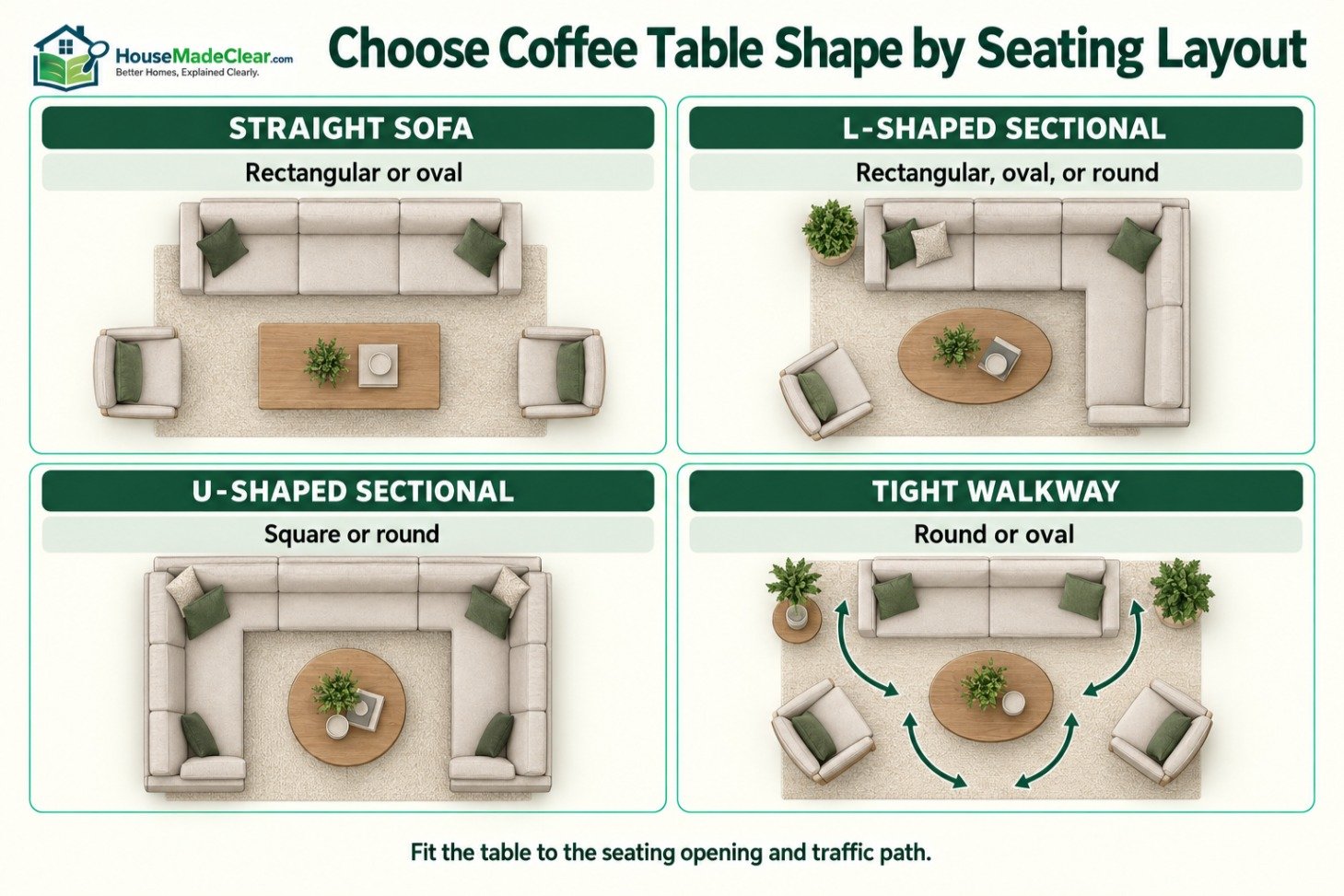 Top-down comparison of coffee table shapes for a straight sofa, L-shaped sectional, U-shaped sectional and tight walkway