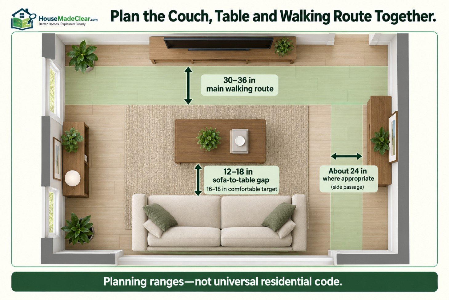 Living-room plan showing a 12–18-inch sofa-to-coffee-table gap and a separate 30–36-inch main walking route
