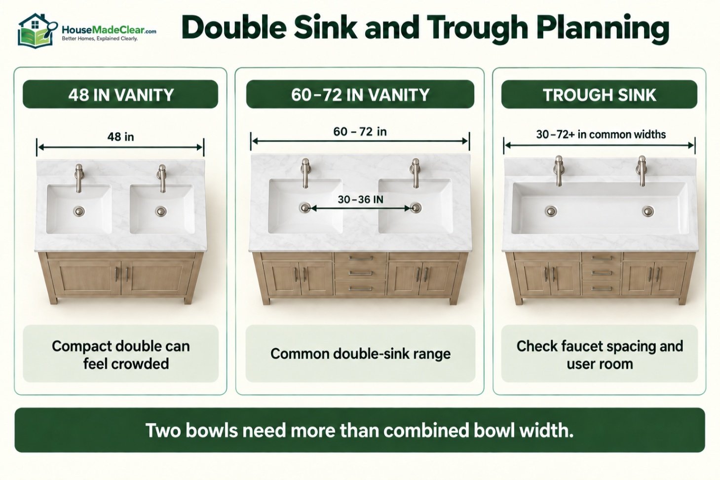 Comparison of a crowded 48-inch double vanity, 60–72-inch double vanity and trough sink with 30–36-inch sink centerline spacing