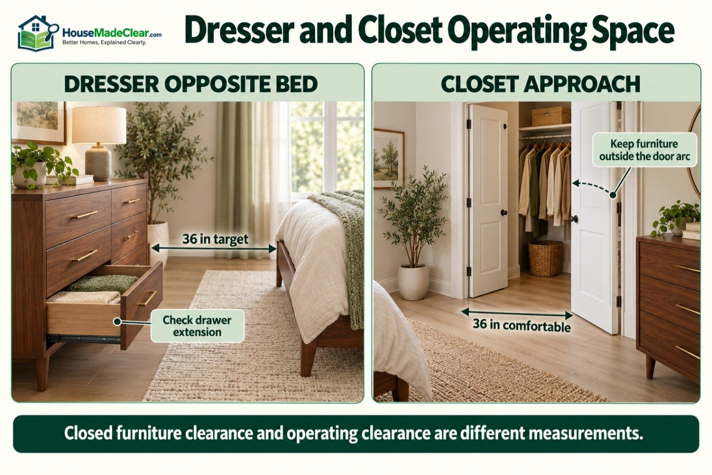 Dresser drawer clearance and closet-door operating space in a bedroom