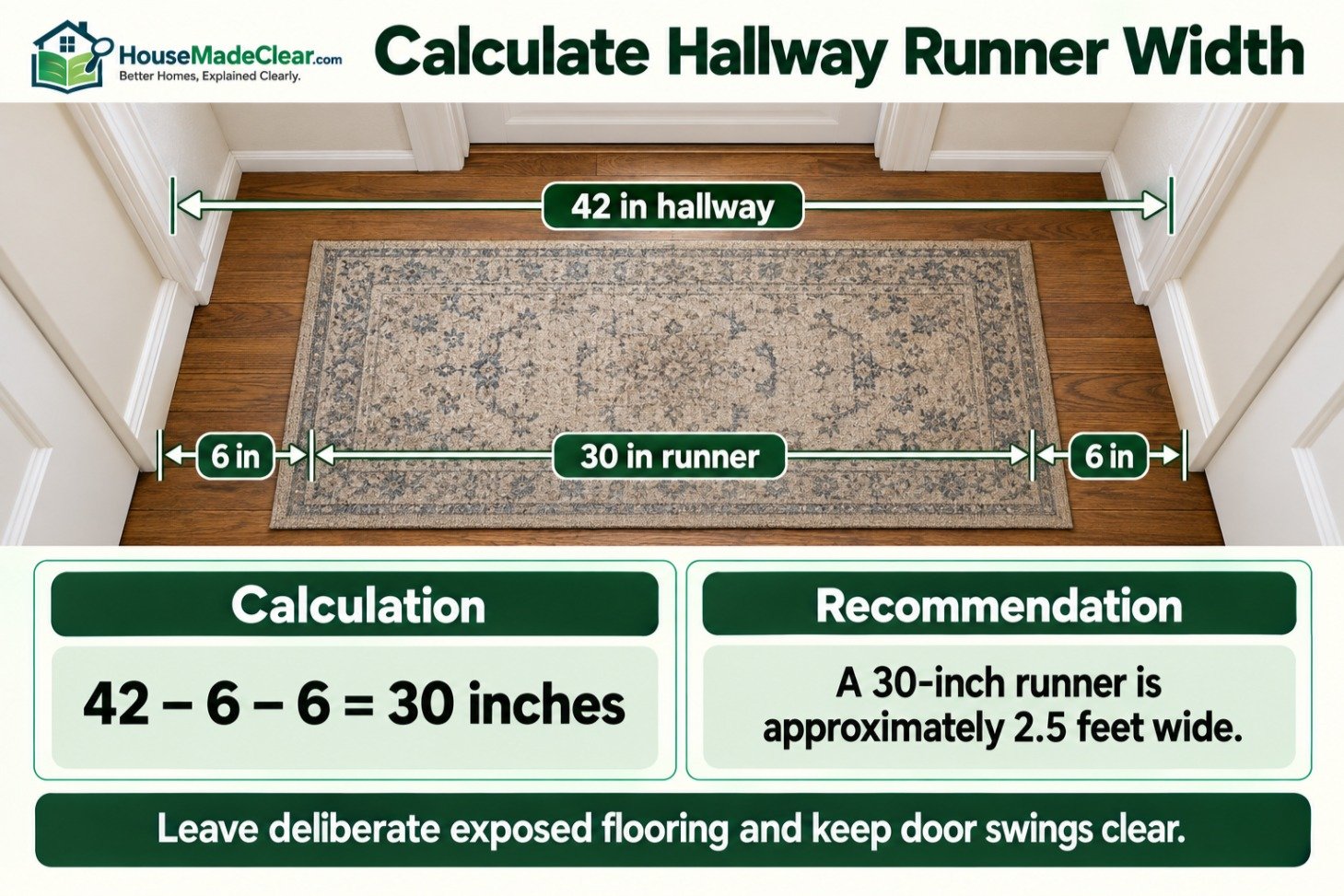 Calculating a 30-inch hallway runner from a 42-inch hall with 6 inches of flooring on each side