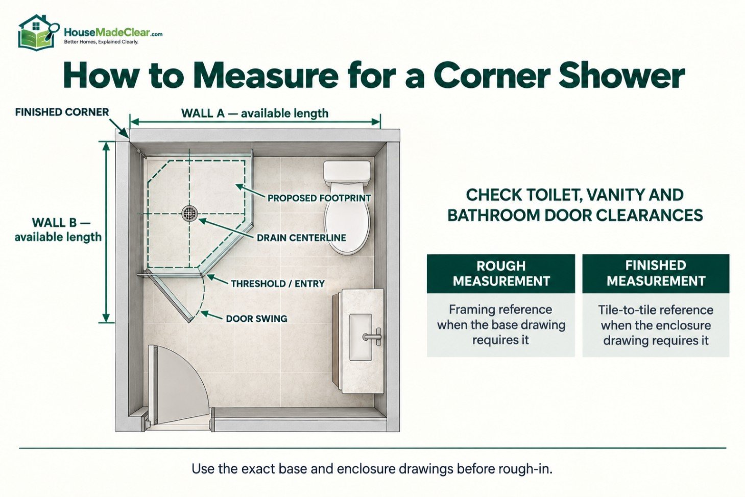 Measuring wall lengths, footprint, drain centerline, threshold and door swing for a corner shower