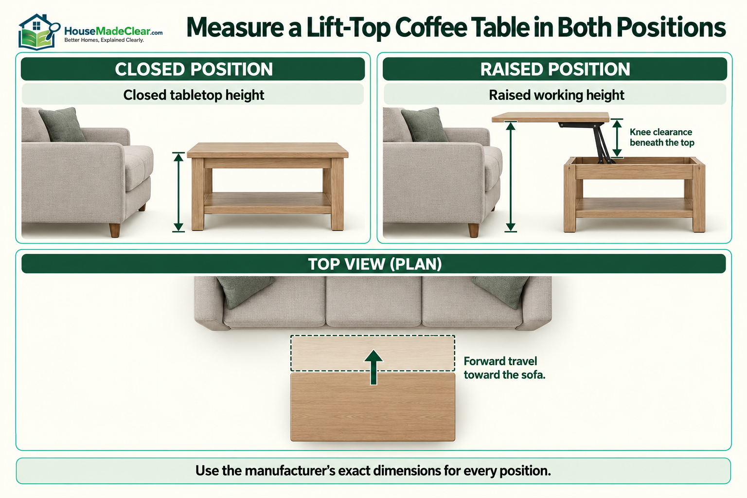 Lift-top coffee table showing closed height, raised working height, forward travel and knee clearance