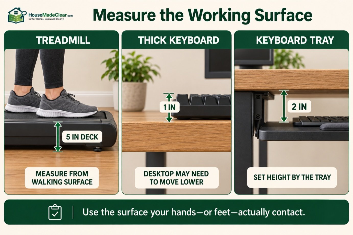 Measuring standing-desk height from a treadmill surface, thick keyboard and keyboard tray