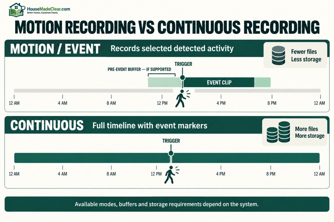 Motion-event recording with an optional pre-event buffer compared with continuous recording and event markers