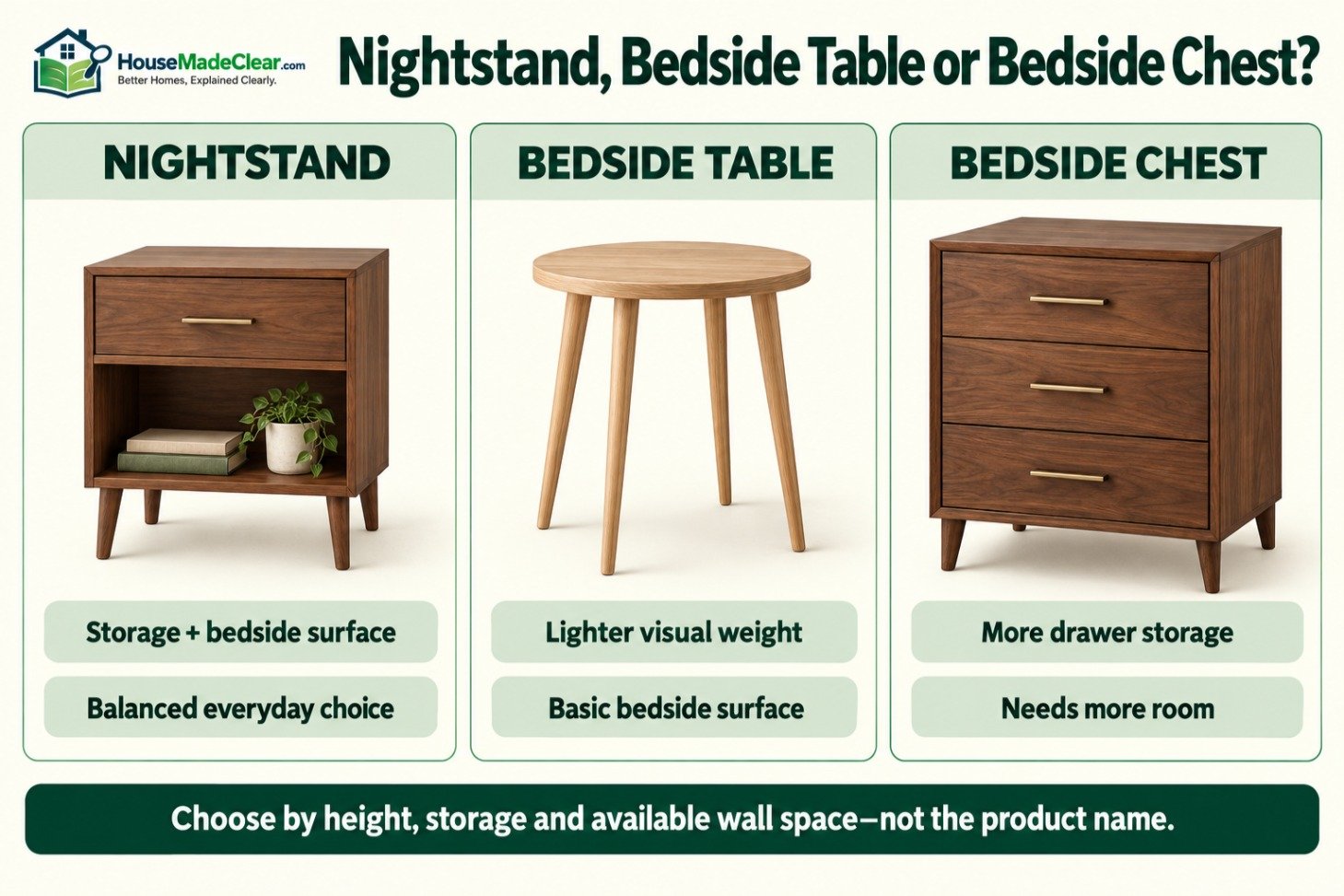Nightstand compared with a lightweight bedside table and a larger bedside chest