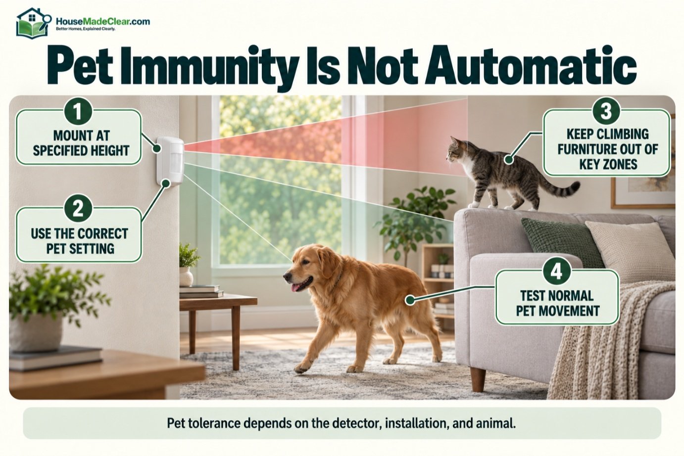Pet-tolerant motion sensor setup showing mounting, pet settings, climbing furniture and movement testing