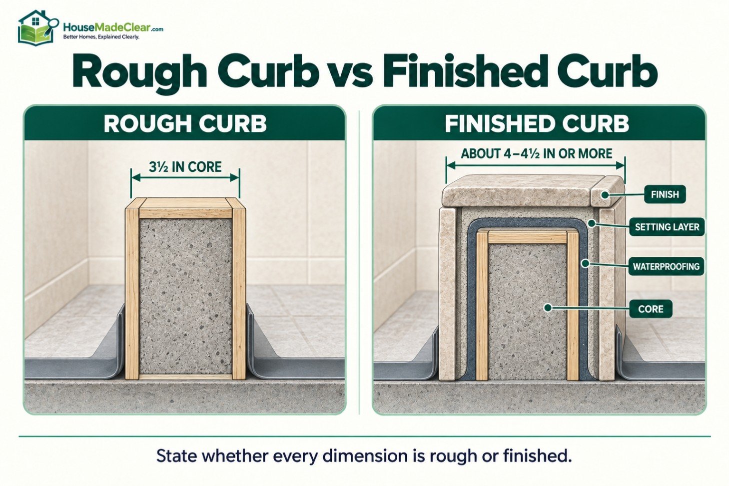Cross-section comparing a 3½-inch rough curb core with its wider finished tiled assembly