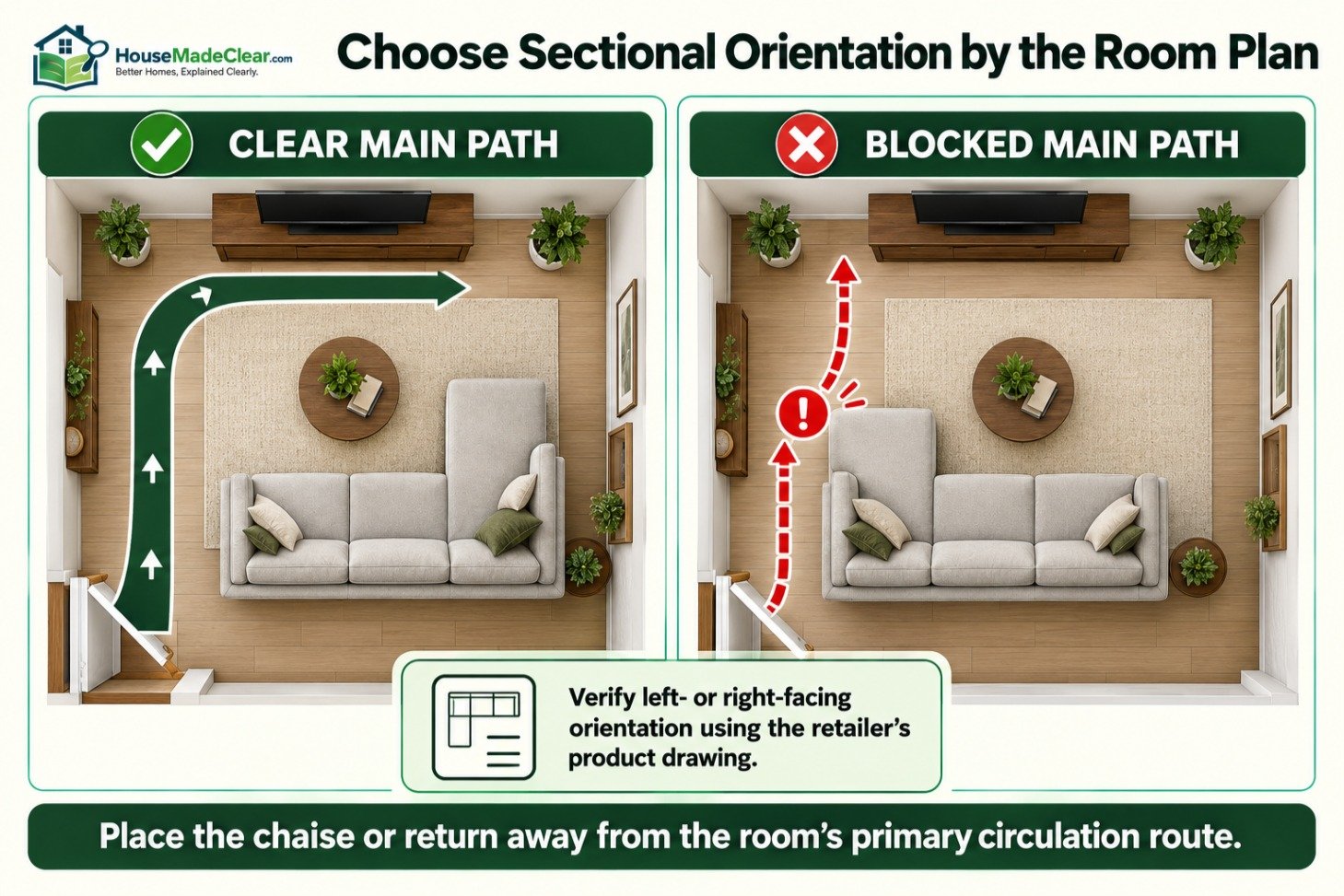 Floor-plan comparison showing a chaise preserving the main path versus blocking circulation