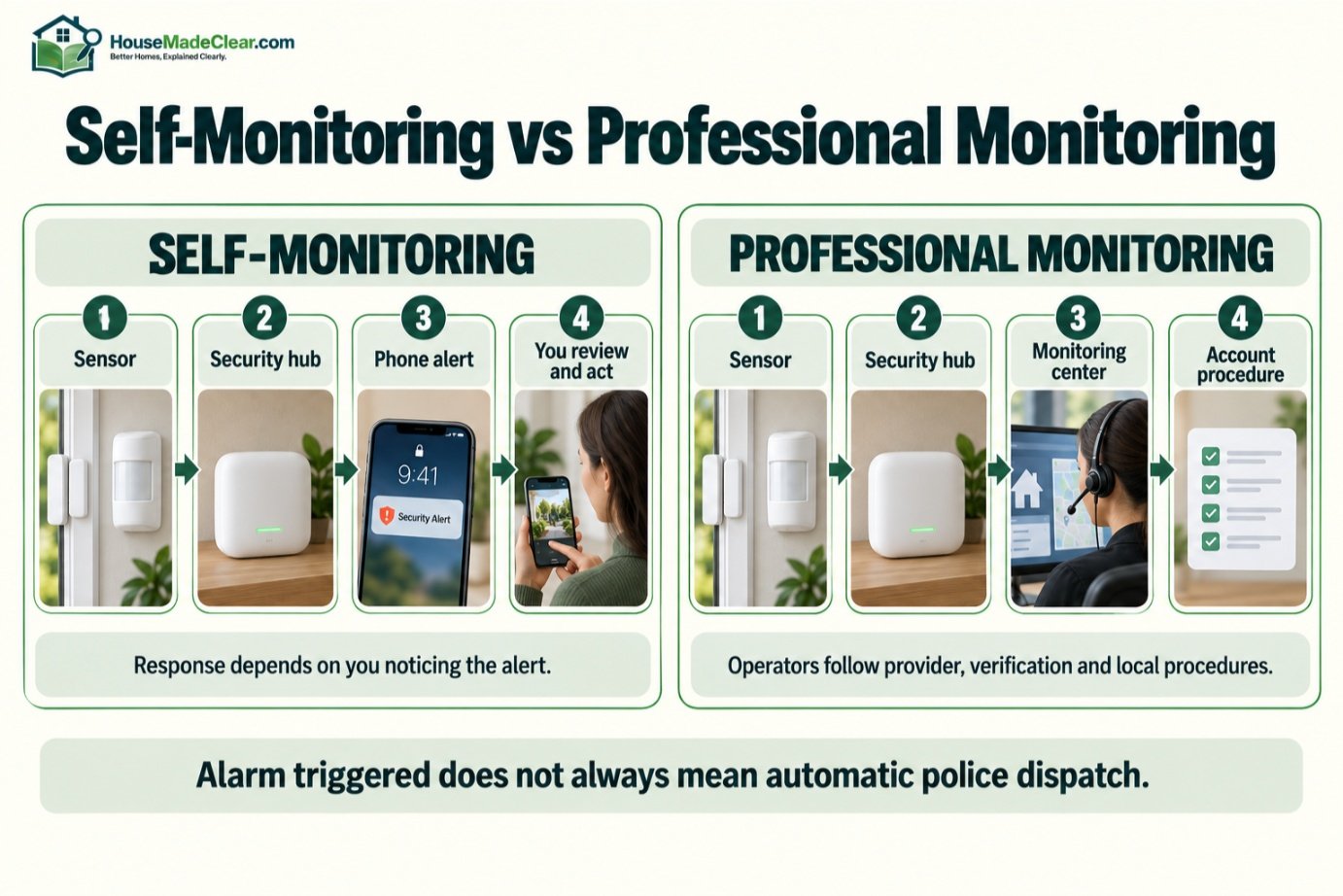 Comparison of alert and response paths for self-monitored and professionally monitored security systems