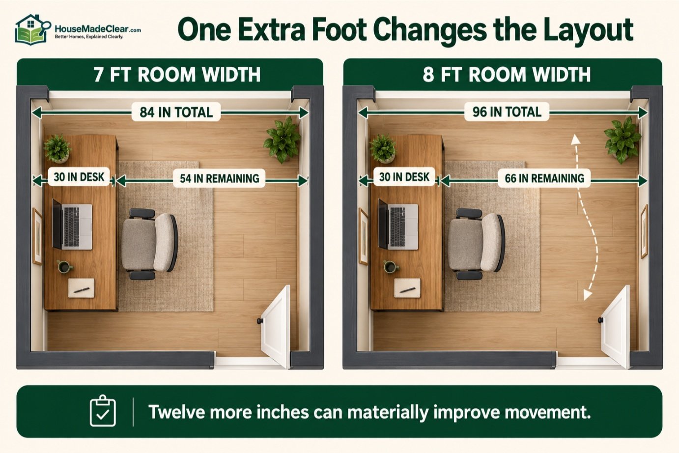 Comparison showing 54 inches remaining in a seven-foot-wide office and 66 inches in an eight-foot-wide office with the same 30-inch desk