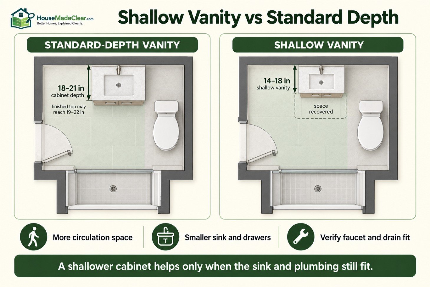 Small-bathroom floor plans comparing a standard-depth vanity with a shallower vanity