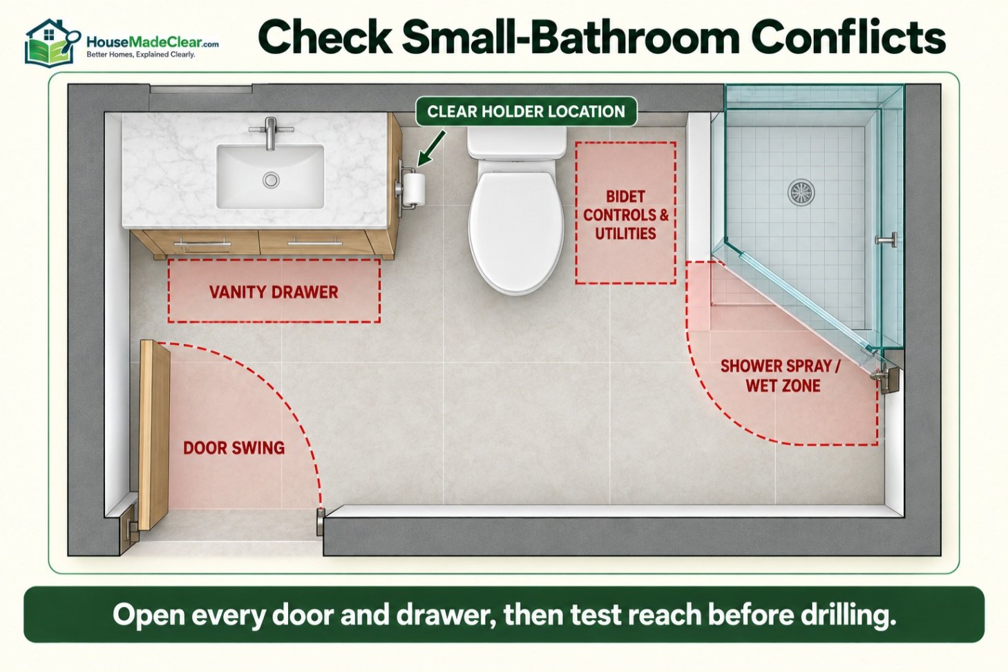 Small-bathroom plan showing toilet paper holder conflicts with a vanity drawer, door swing, shower wet zone and bidet controls