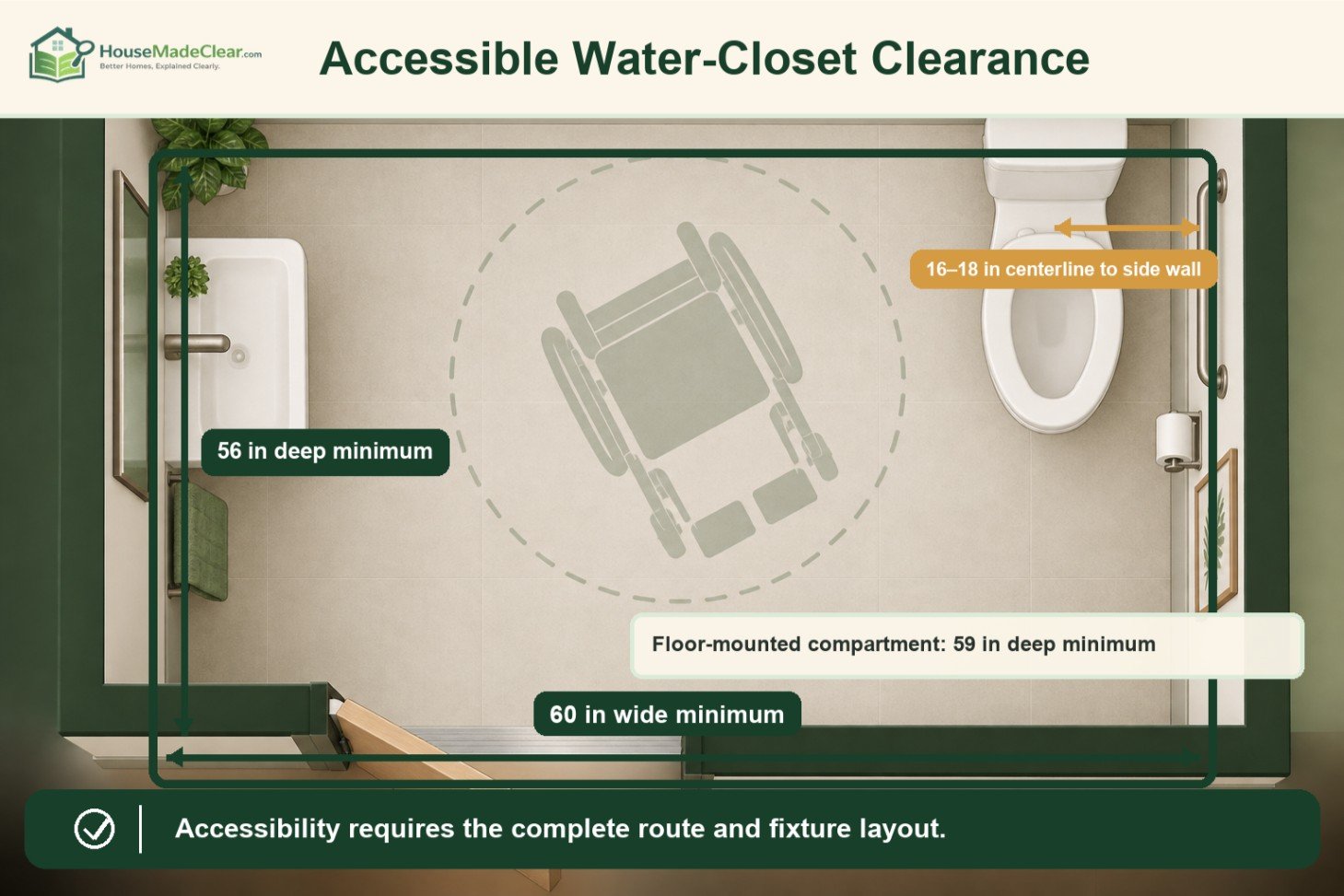 [Accessible Toilet Clearance](/Users/deepakmishra/.codex/.chatgpt-projects/g-p-6a64fcbfd9ec819195eb6d246175ee1e/toilet-clearance-article-images/07-accessible-toilet-clearance.png)Accessible toilet layout showing a 60-by-56-inch clear area, 16–18-inch centerline position and floor-mounted compartment guidance