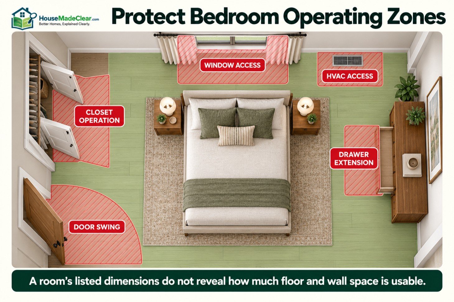 Bedroom plan showing door swing, closet, drawer, window and HVAC operating zones