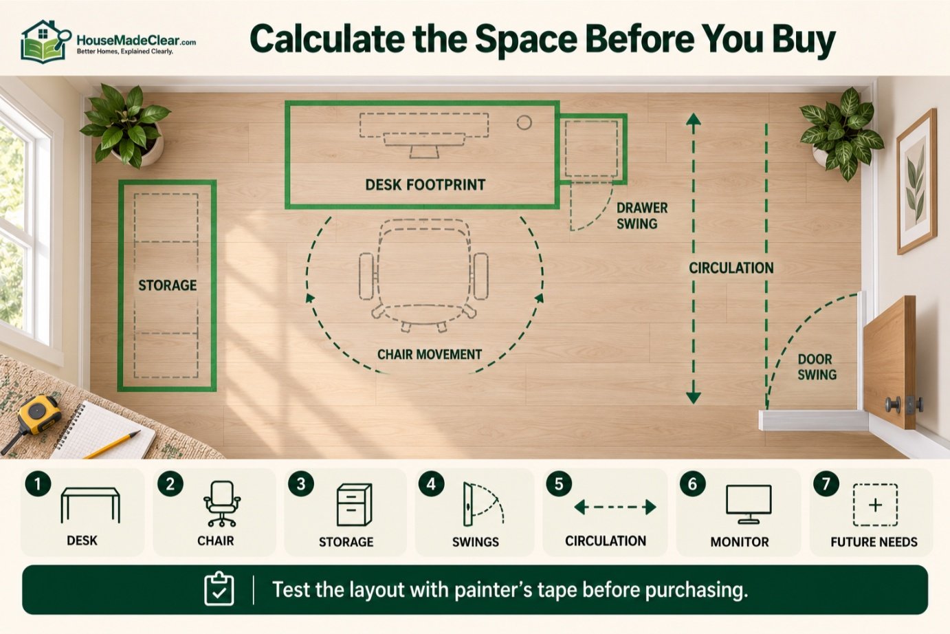 Painter’s-tape office plan showing desk, chair, storage, door, drawer and circulation zones