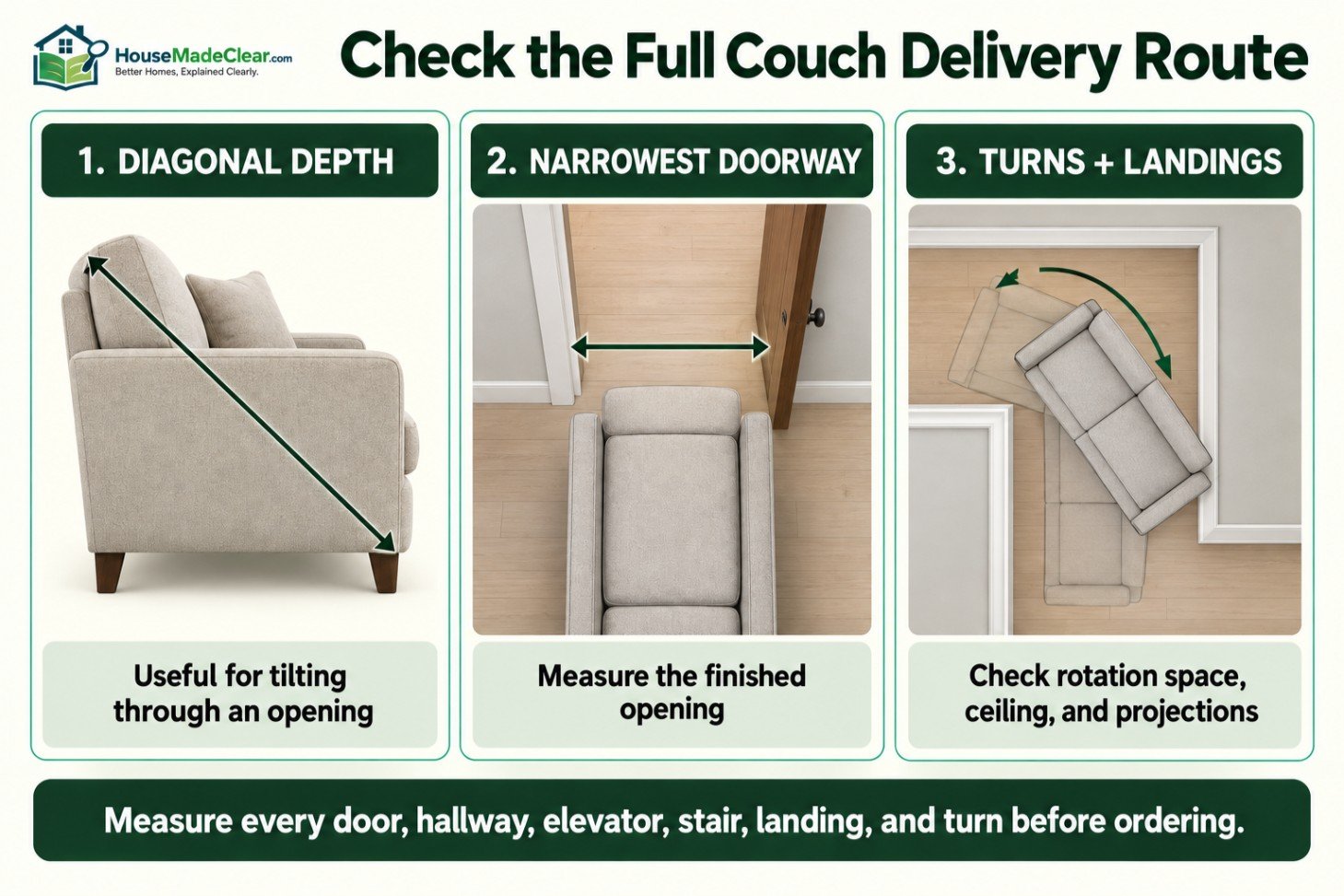 Couch diagonal depth, finished doorway width and turning-space checks for furniture delivery