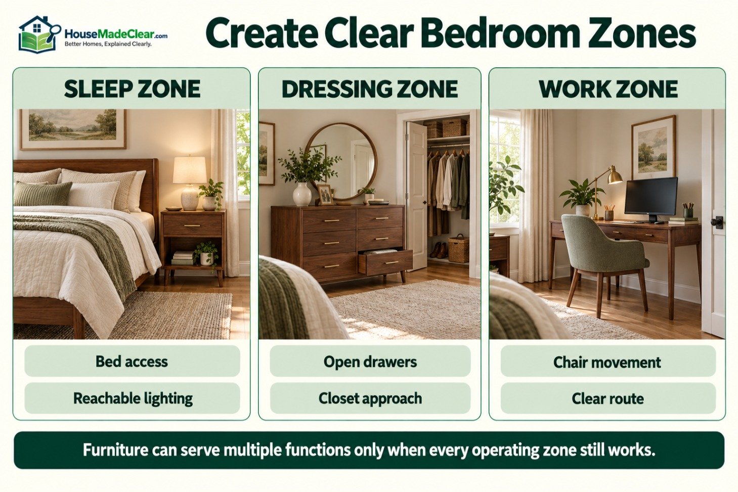 Bedroom divided into functional sleep, dressing and work zones