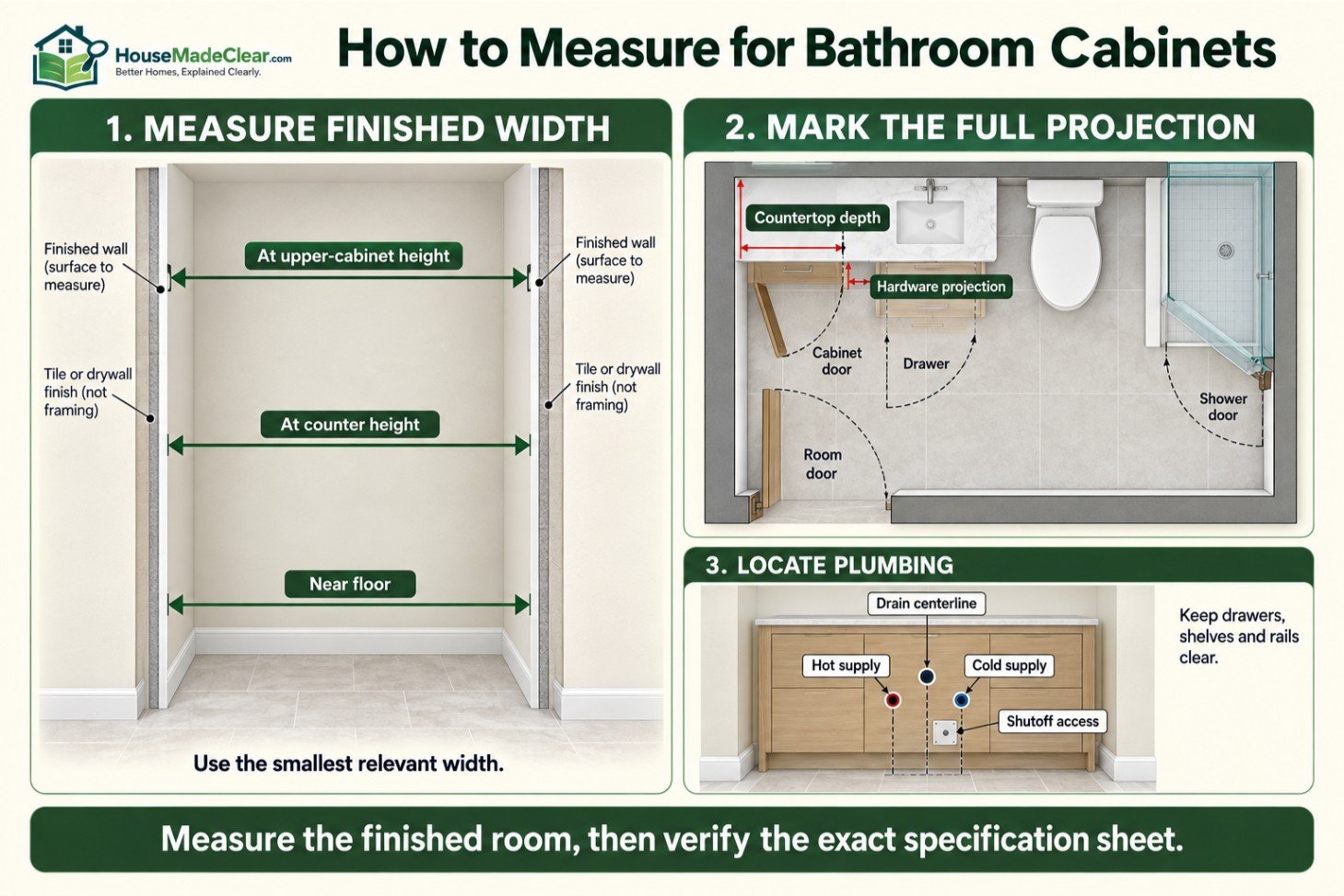 Measuring finished wall width, cabinet projection, door movement and plumbing locations for bathroom cabinets
