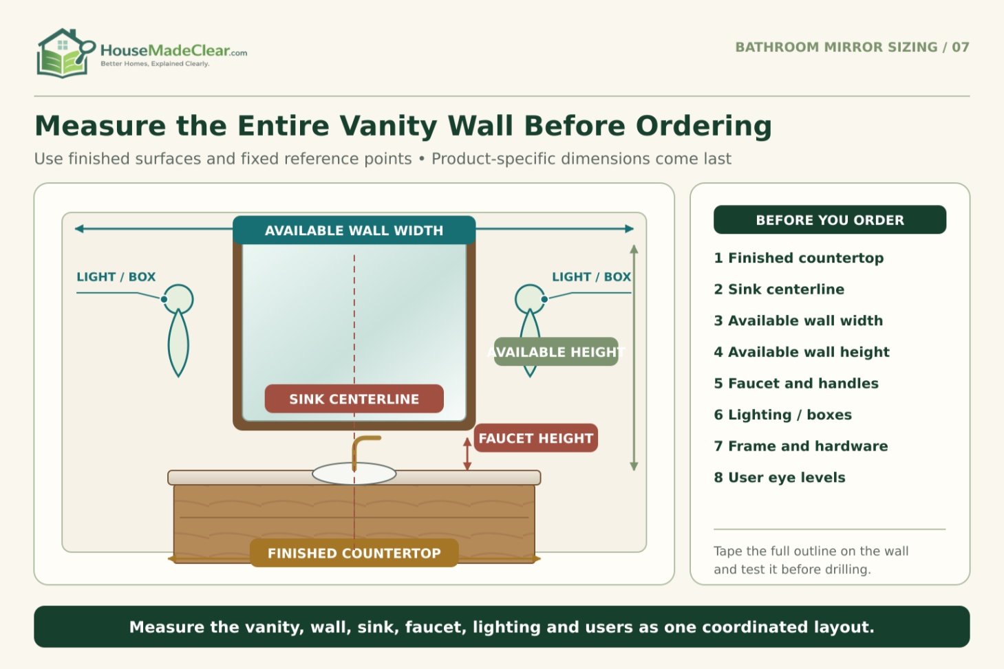Bathroom vanity-wall diagram showing the measurements needed before ordering a mirror, including countertop, sink centerline, wall space, faucet and lighting