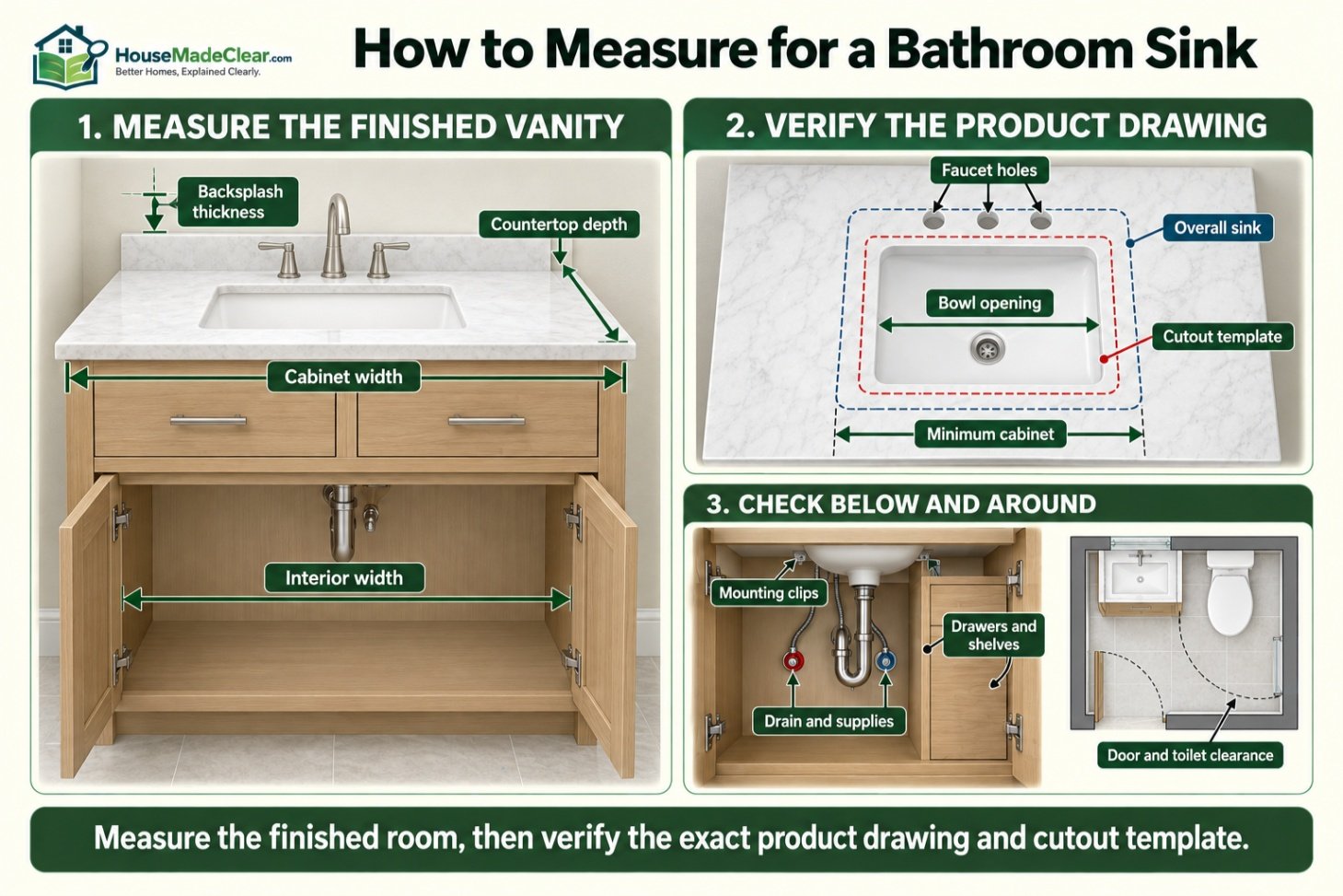 Bathroom sink measuring guide covering finished vanity dimensions, product drawings, cutout template, plumbing and room clearance