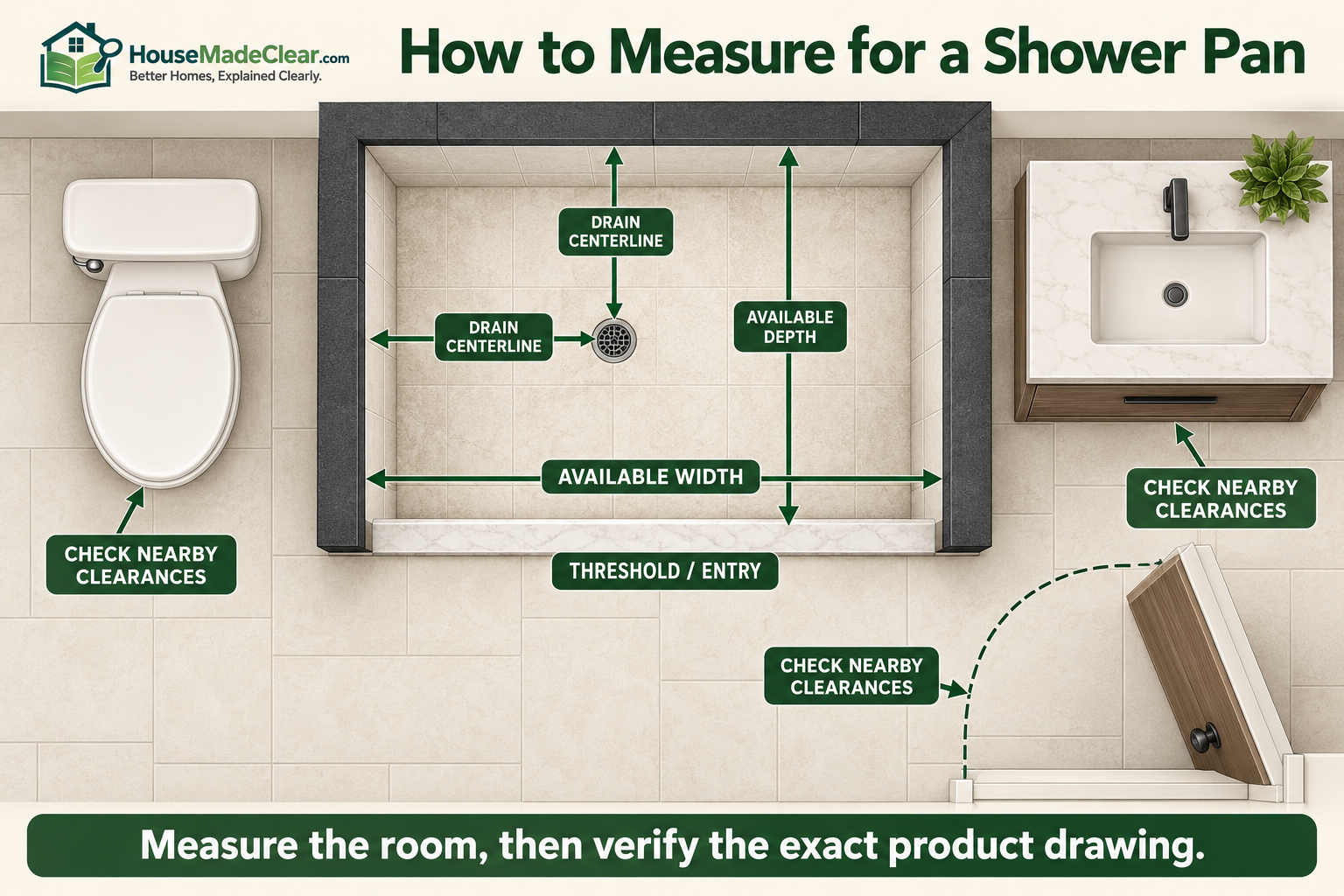 Top-down bathroom diagram showing how to measure shower pan width, depth and drain centerline