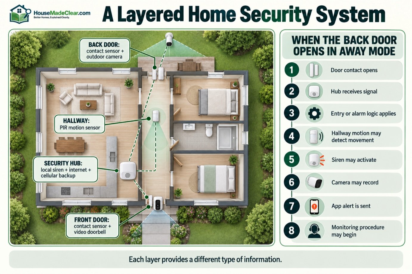 Floor plan showing door sensors, cameras, hallway motion detection, a security hub and the response sequence