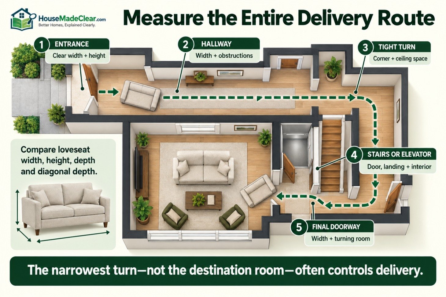Floor plan showing entrance, hallway, tight turn, stairs or elevator and final doorway checks for loveseat delivery