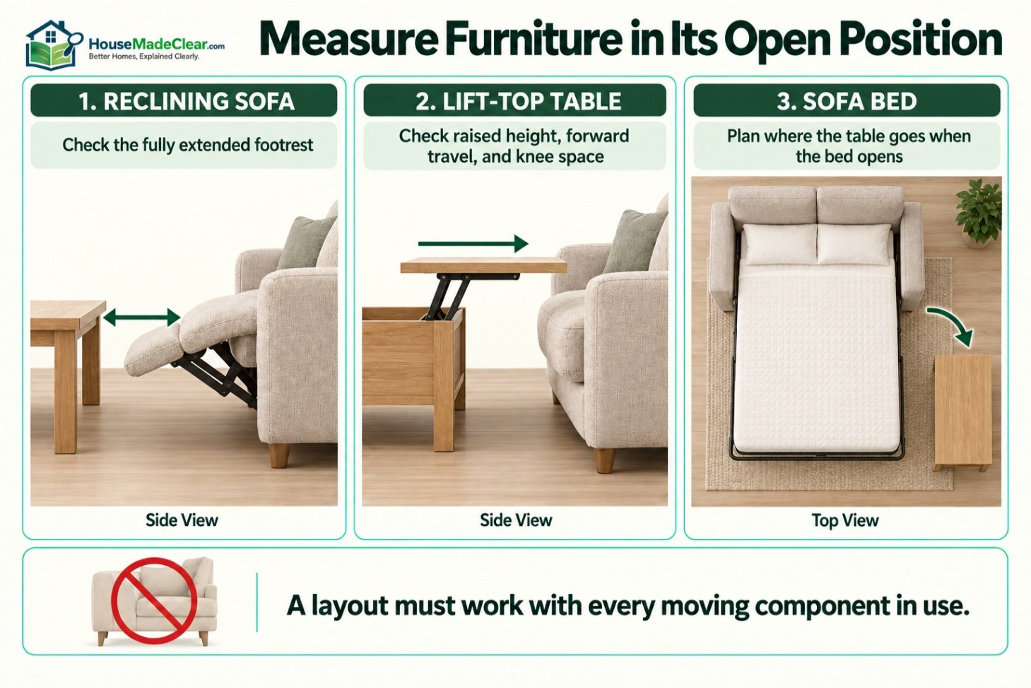 Clearance checks for an extended reclining sofa, raised lift-top table and fully opened sofa bed