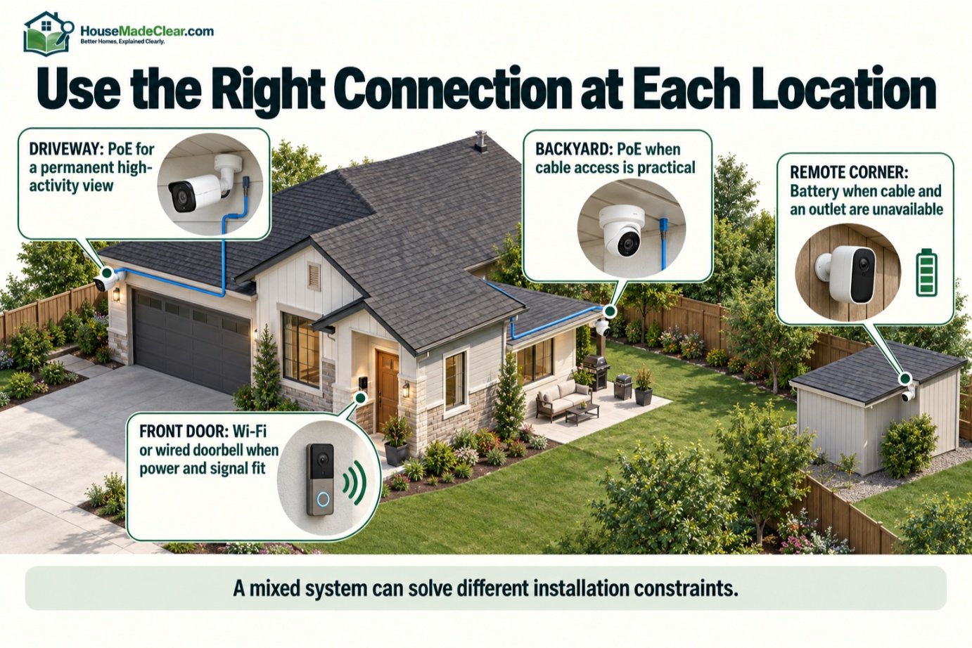 Mixed home camera system using PoE, Wi-Fi and battery cameras at different locations