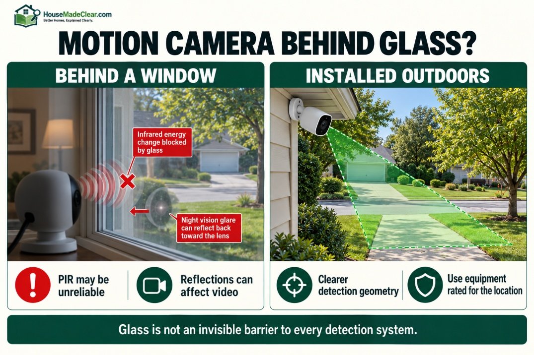 Motion camera behind a window compared with an outdoor-rated camera installed outside